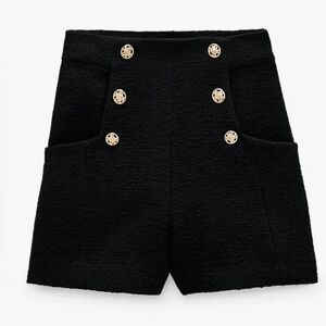 Zara Black Teweed High Waist Women's Shorts With Gold Buttons